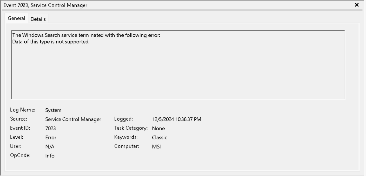 err winsearch